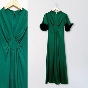 70s Emerald Green Fuzzy Sleeve Ruched Maxi Dress … - image 1